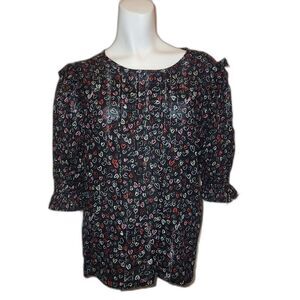 LOFT Black Blouse Top Heart Print with Ruffled Sleeves Womens Size Large
